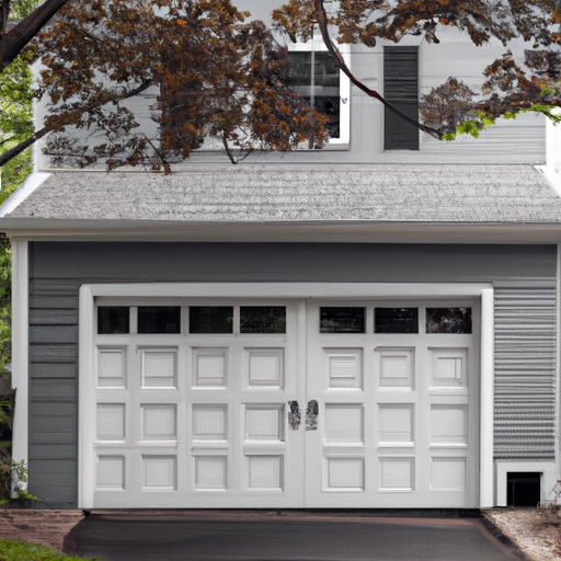 Suburban Dover garage door slightly ajar showing tracks, springs, and rollers, overcast daylight.