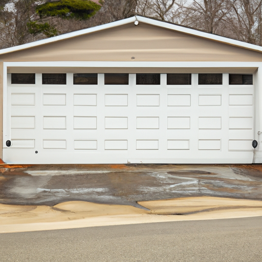 Suburban garage in Dover, MA with a closed sectional steel door, visible tracks and springs, overcast daylight.