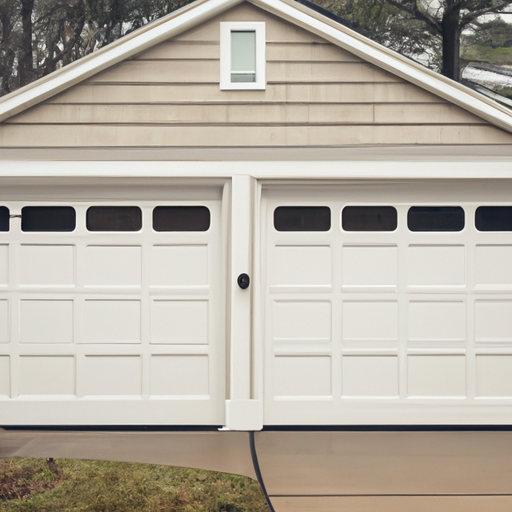 Exterior of a Dover, MA house showing a white paneled garage door with visible weatherstripping and surrounding trim.