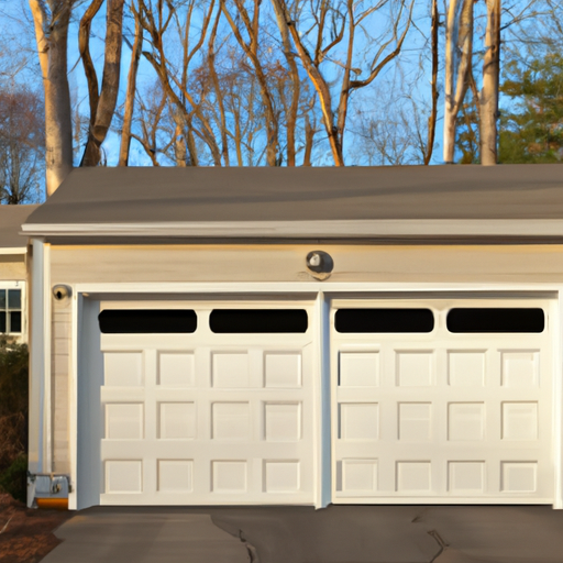 Suburban Dover driveway with a closed insulated garage door and visible weatherstripping in morning light.