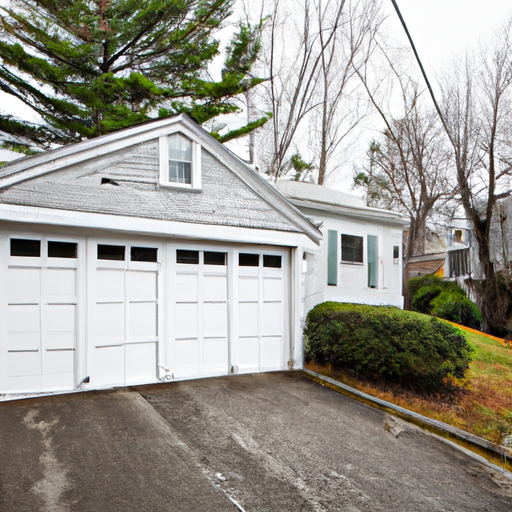 White paneled garage door with windows on a New England house in Dover, MA, damp driveway and trimmed shrubs.