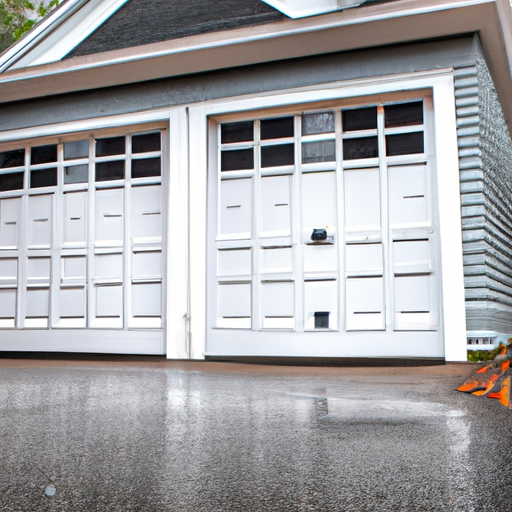 Suburban Dover, MA home with a closed carriage-style garage door on a rainy day, no people.