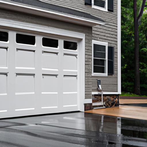 Suburban Dover, MA garage with sectional door, visible weatherstripping and ceiling-mounted opener on an overcast day.