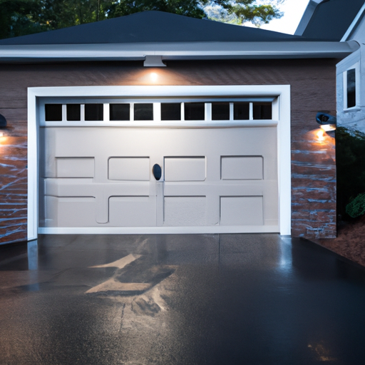 Suburban Dover garage door with visible smart sensors and wall-mounted smart hub at dawn; clean driveway, no people.