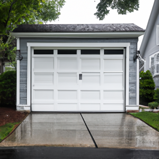 Suburban Dover, MA home exterior with a clean steel garage door on an overcast day, wet driveway visible.