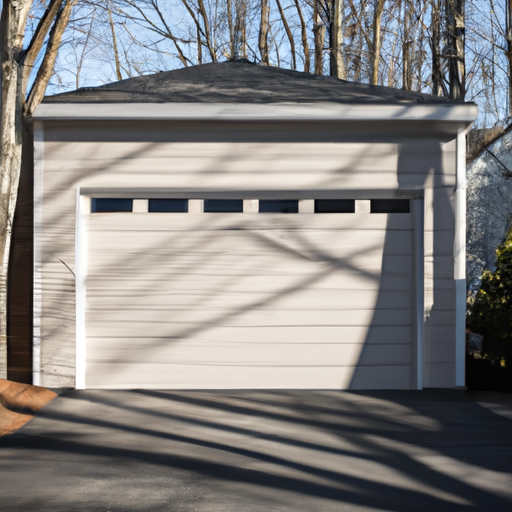 Dover, MA suburban home with a modern insulated steel garage door at dawn, wet driveway and trees in background.