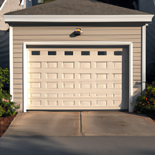 Sectional residential garage door with visible weatherstripping and insulated window panel on a Dover, MA home