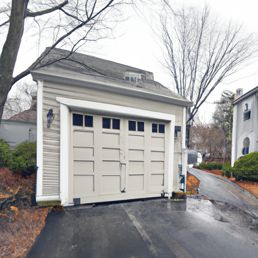Suburban Dover driveway with a closed garage door on a Colonial-style home on an overcast morning; wet pavement and visible weather seal.