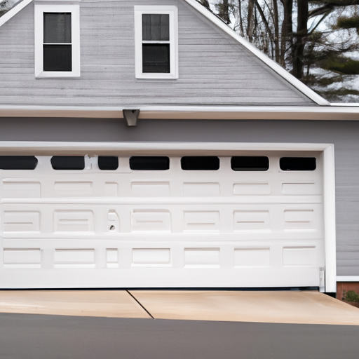 Suburban Dover, MA home exterior with a closed sectional garage door and visible weatherstrip.