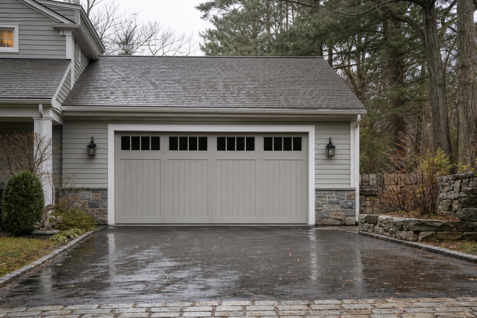 Garage door exterior in Dover, MA with weatherproofing details visible