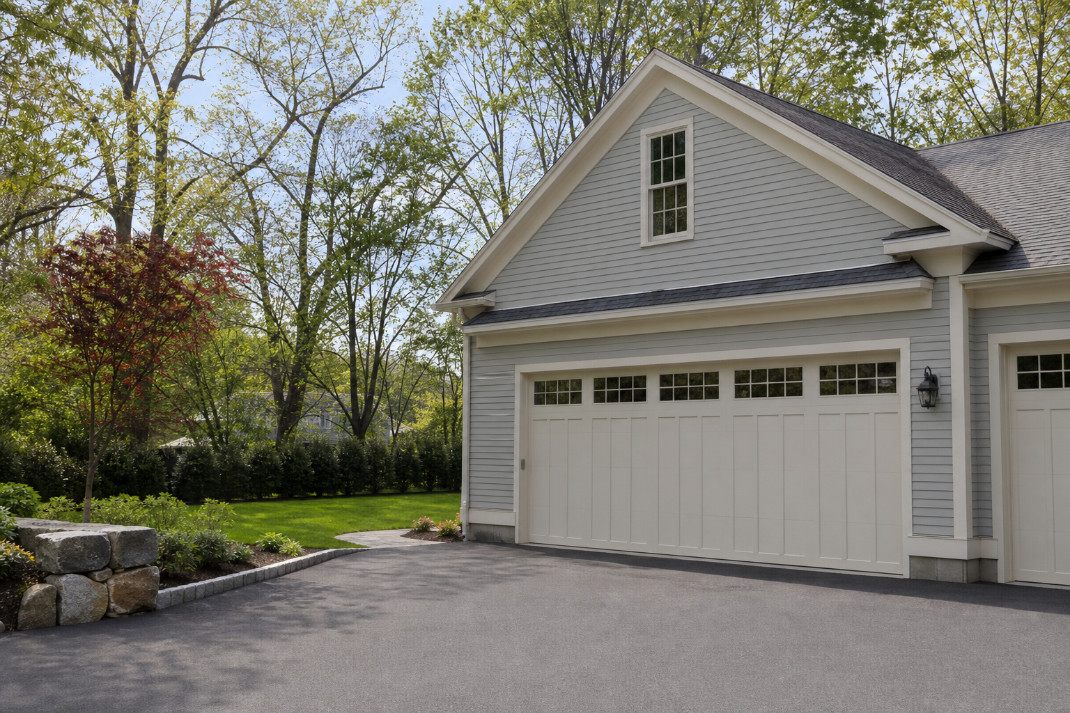 Suburban Dover garage exterior with a visible garage door in a quiet residential setting